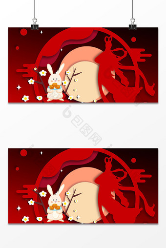 红色立体剪纸风中国风中秋节背景图片