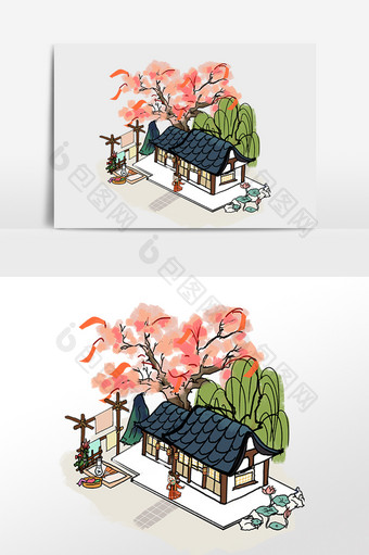 江南建筑庭院百景图插画图片