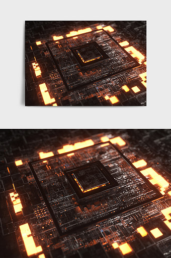 黄光暗黑科技感风格芯片主题C4D创意场景图片