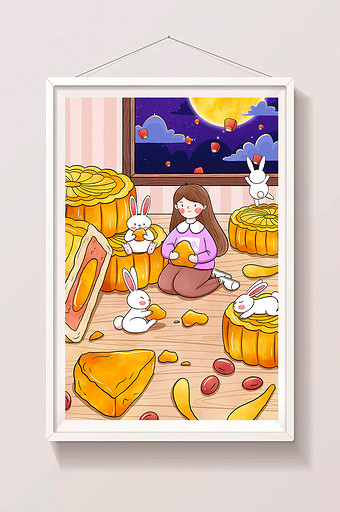 中秋节女孩与兔子吃月饼插画图片