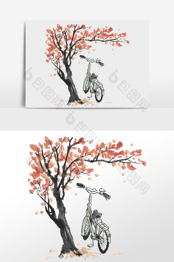 水墨秋季秋天树自行车图片