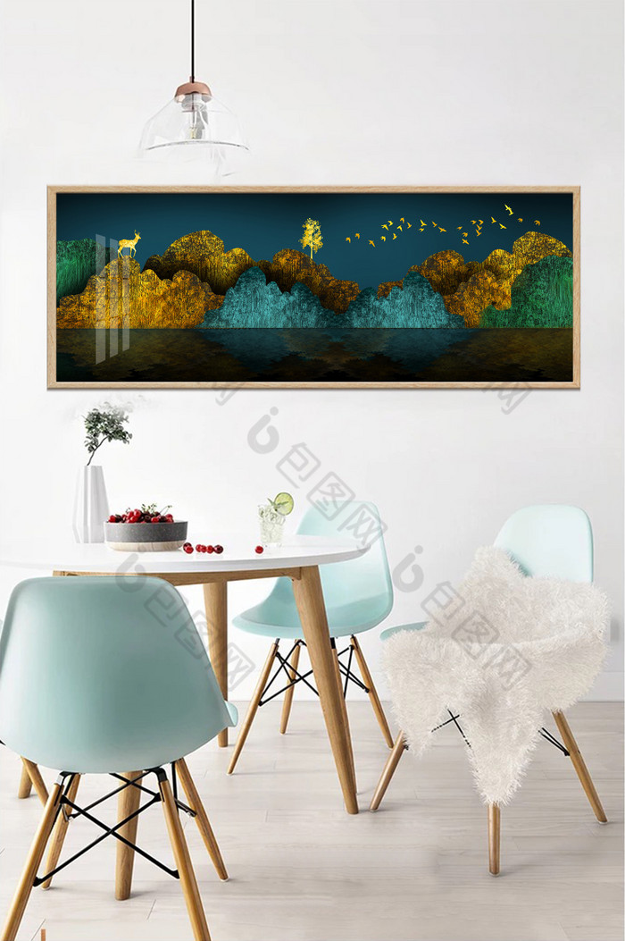 新中式山水鎏金飞鸟金色麋鹿抽象装饰画图片图片