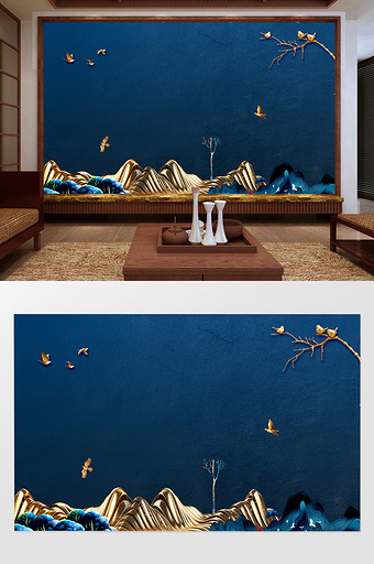 蓝色背景金色立体飞鸟古典装饰元素电视背景图片