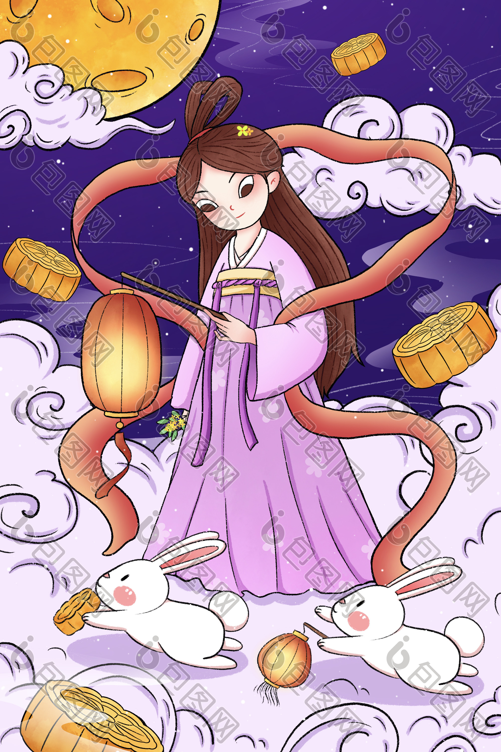 中秋节嫦娥和玉兔手绘插画