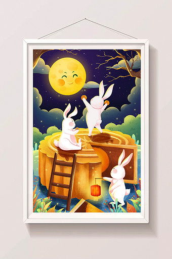 中秋节兔子赏月吃月饼插画图片