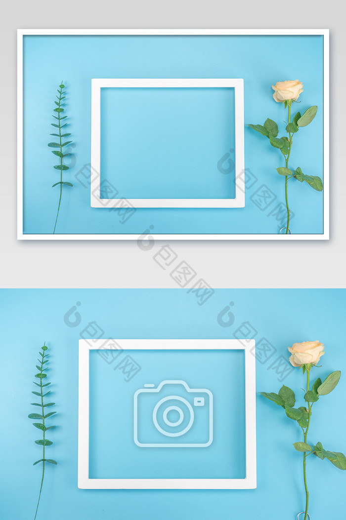 蓝色背景花朵装饰相框摄影图图片图片
