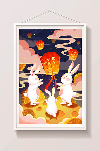 中秋节放孔明灯兔子插画图片