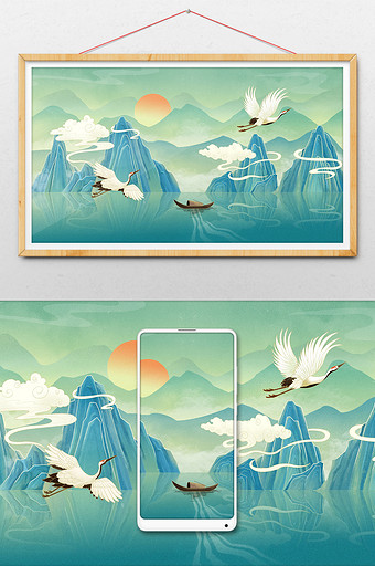 中国风国潮复古山水中秋插画图片下载