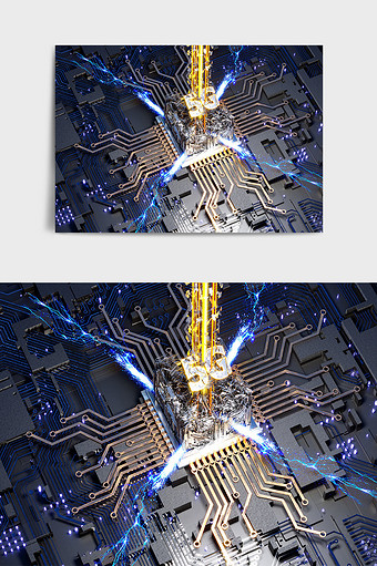 C4D高端放电5G电路芯片组合模型效果图图片
