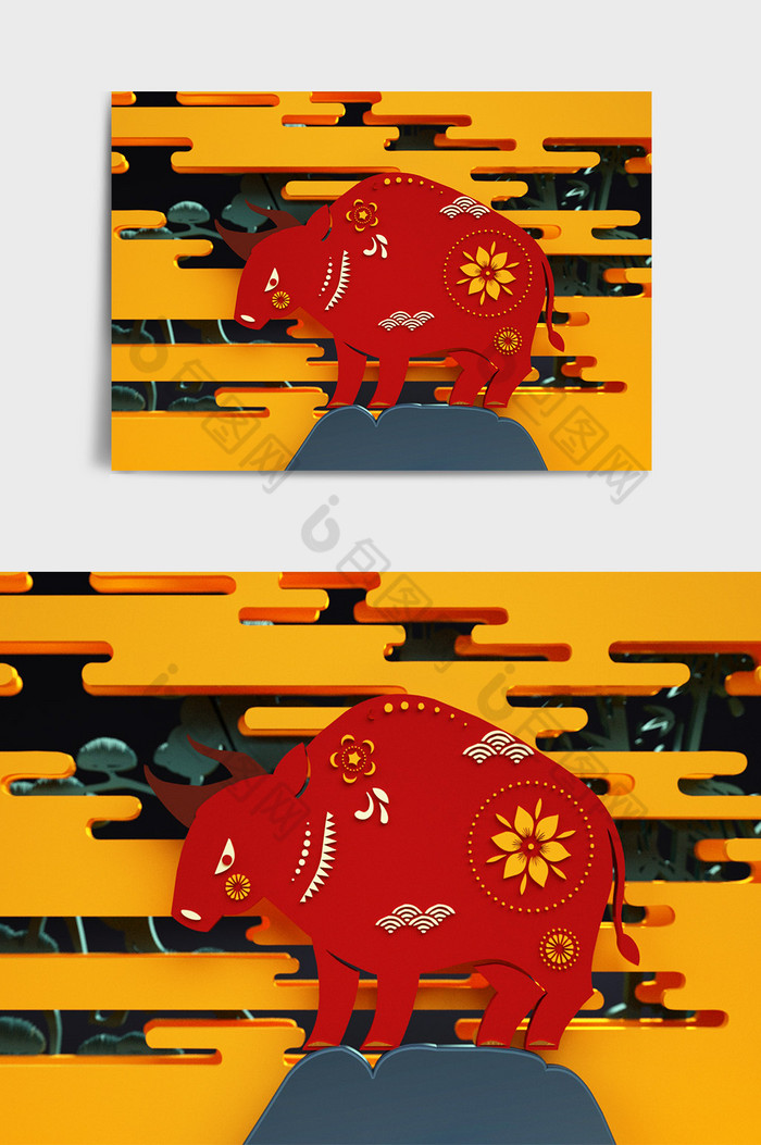 红黄色系牛年插画立体风格C4D创意场景图片图片