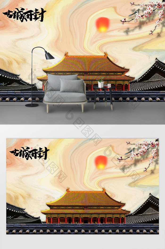 新中式传统建筑大理石版面电视背景墙图片图片