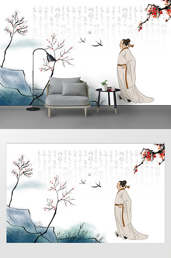 中式传统古诗文诗人梅花山景电视背景图图片