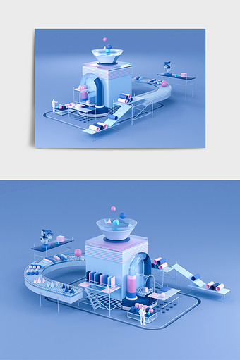 蓝粉C4D科技几何物体立体场景模型图片