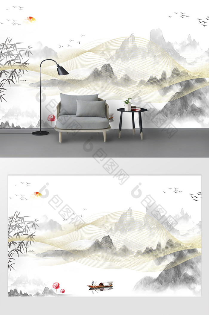 中式山水水墨鎏金中式电视背景墙图片图片