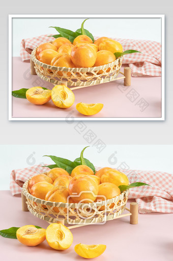 果盘里的黄桃摄影图图片