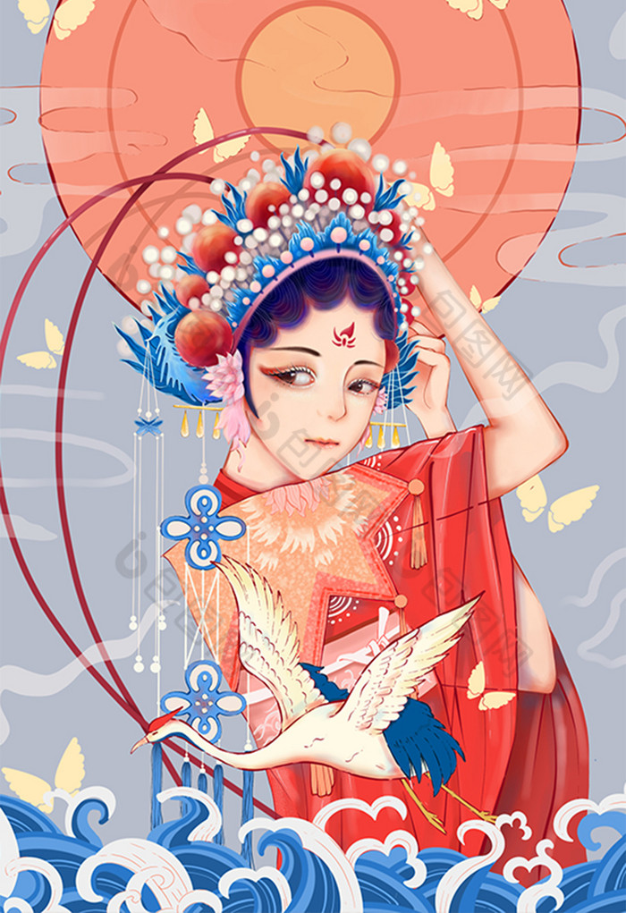 唯美清新中国风国潮京剧花旦美女插画