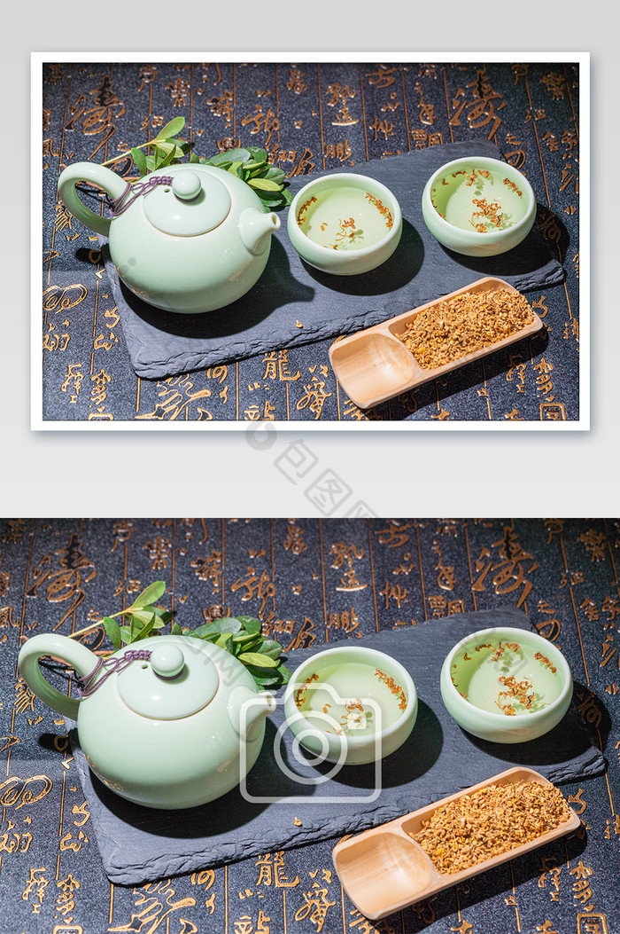绿色桂花茶茶壶摄影图图片图片
