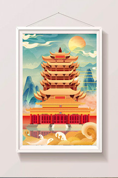 中国风国潮山水建筑鎏金新年日历插画图片