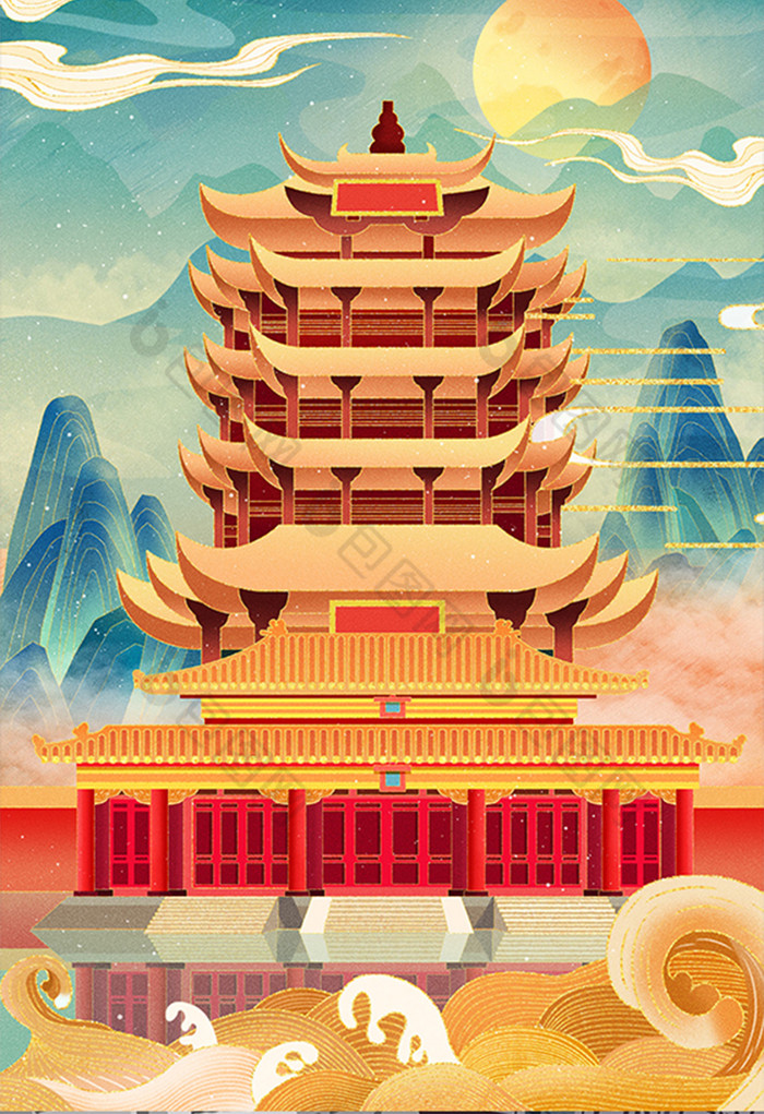 独家版权 包图网提供精美好看的中国风国潮山水建筑黄鹤楼插画素材