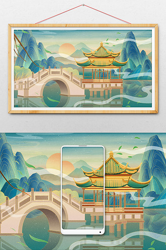 中国风复古国潮山水建筑凉亭插画图片