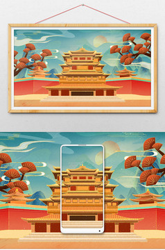 国潮中国风山水建筑黄鹤楼插画图片