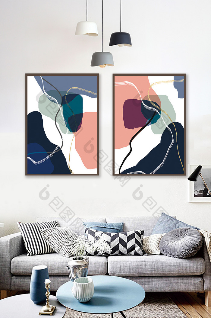 抽象几何色彩创意卧室客厅二联装饰画