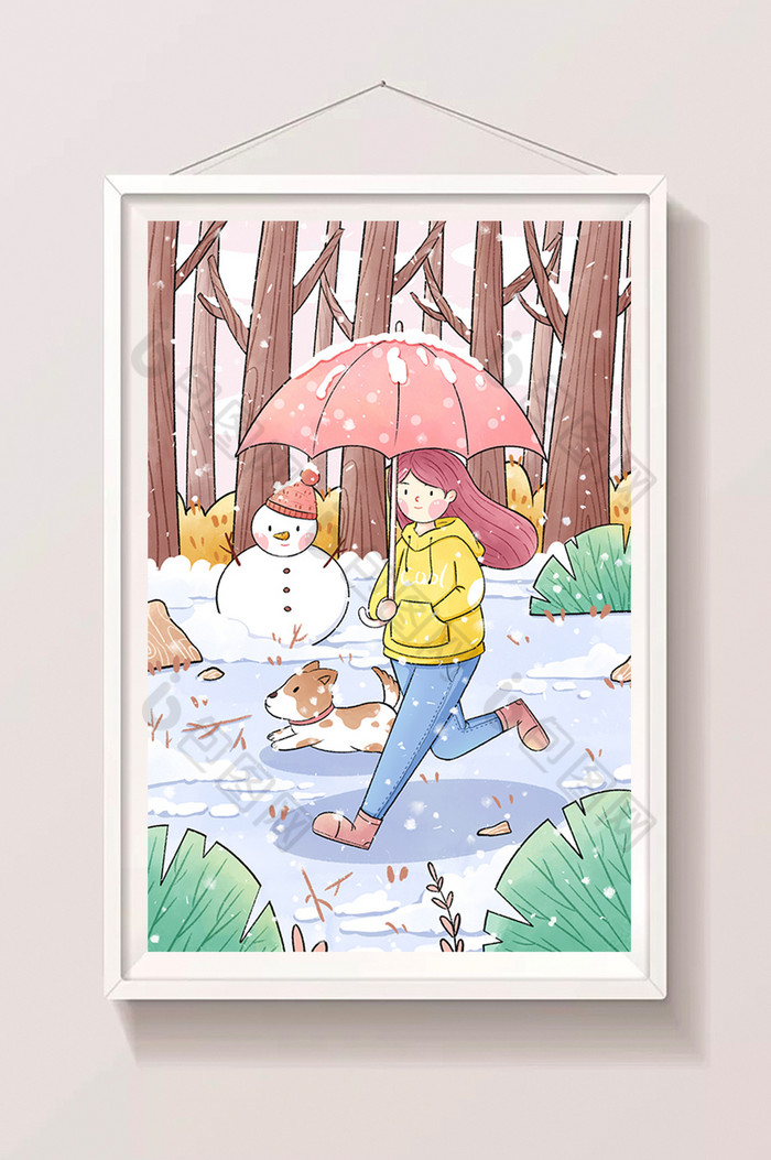 小雪立冬节气冬天女孩与小狗插画图片图片