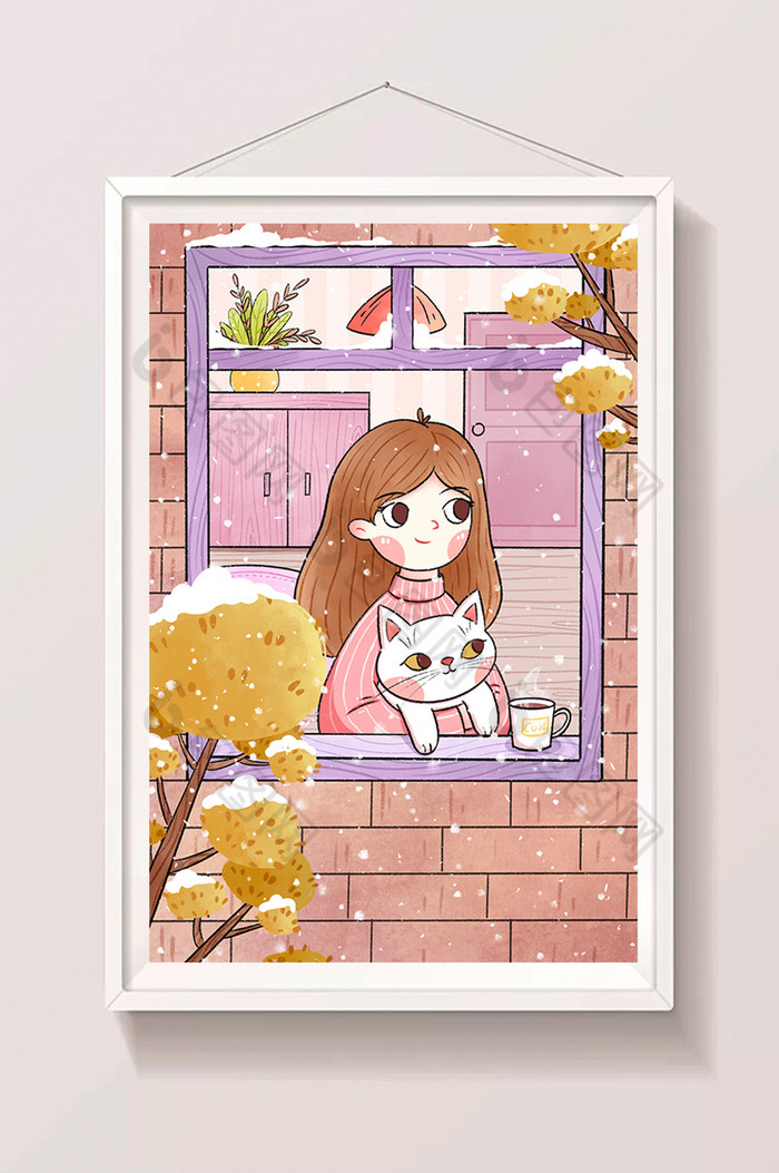 小雪立冬节气女孩与猫咪看雪插画图片图片