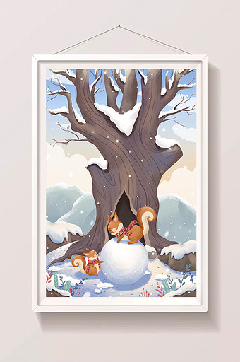 二十四节气小雪松鼠与雪球插画图片