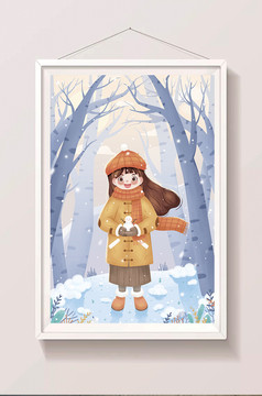 白色冬季冬天雪地漫步大雪小雪插画