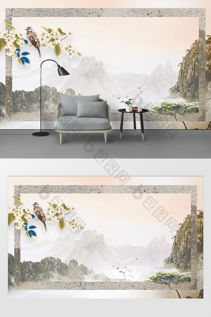 中国山水画框元素花鸟电视背景墙图片图片