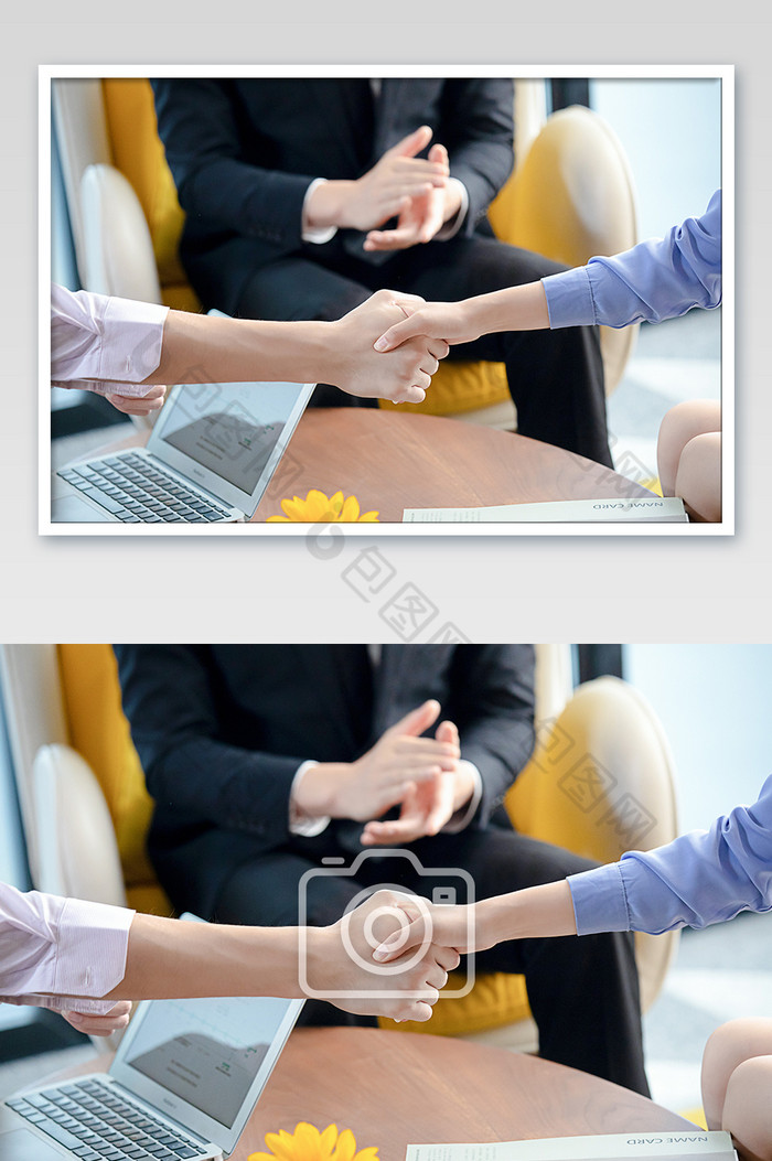 商务大气简洁会议室男女握手鼓掌摄影图图片图片