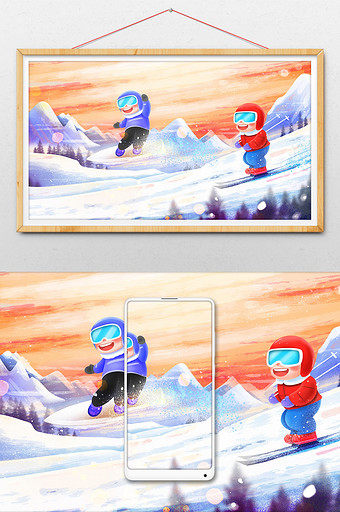 唯美清新冬天旅游滑雪运动插画图片