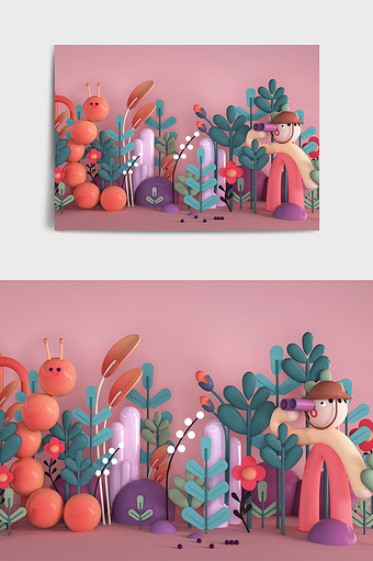 彩色卡通ip人物虫子植物C4D创意场景图片