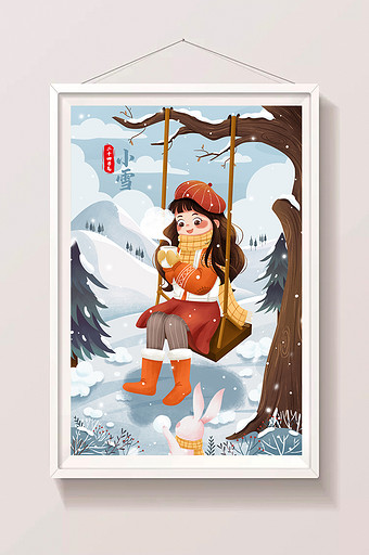 二十四节气小雪秋千女孩与兔子冬季插画图片