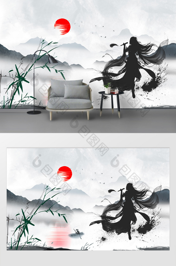中式传统竹林水墨人物元素电视背景墙图片图片