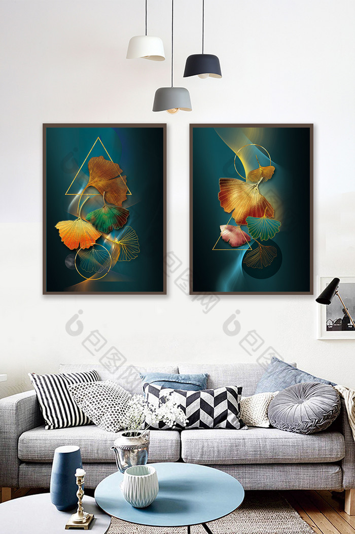 现代抽象轻奢银杏叶植物二联装饰画图片图片