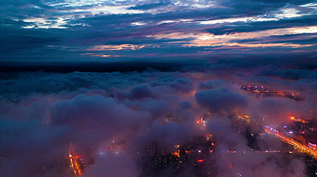 震撼大气航拍长沙唯美云海火烧云延时摄影