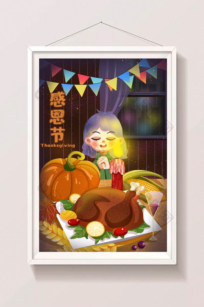 感恩节晚餐女孩桌前祈祷插画图片