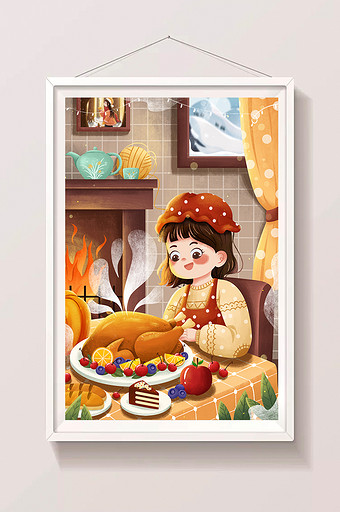 温馨感恩节丰盛美食火鸡女孩插画图片