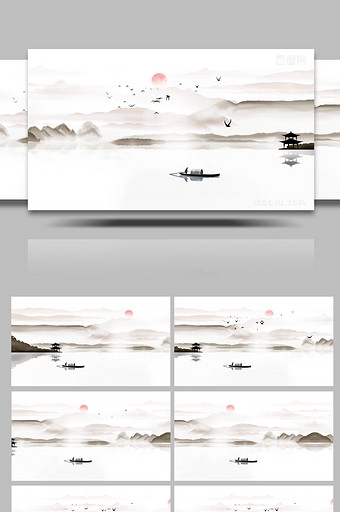 4K典雅意境中国风水墨渔舟唱晚循环背景图片