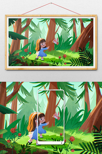 绿色清新大自然森林女孩小鸟嬉戏插画图片