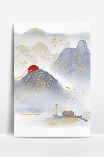 古风民族传统中华刺绣山水夕阳背景图片