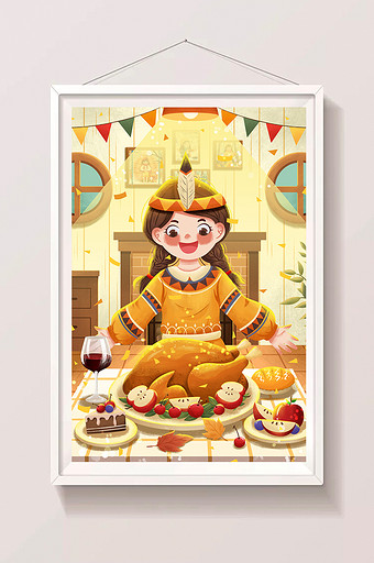 温馨感恩节女孩丰盛美食火鸡插画图片