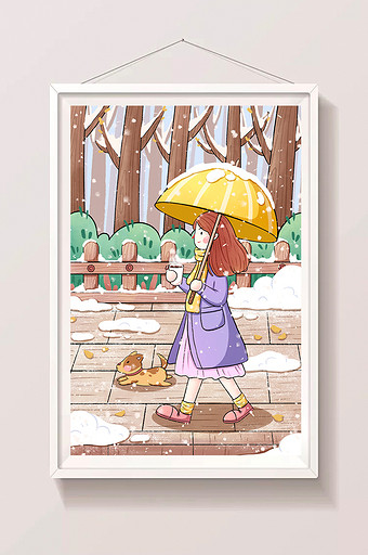 小雪节气女孩与小狗一起散步插画图片