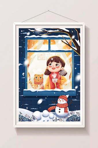 二十四节气小雪窗户看雪女孩与猫冬季夜插画图片
