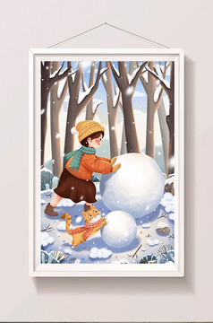 冬季女孩与猫雪地雪球堆雪人小雪大雪插画