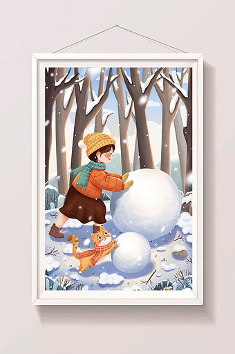 二十四节气小雪推雪球女孩与猫冬季雪地插画图片