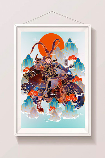 蓝色中国风古代名人吕布骑摩托国风插画图片