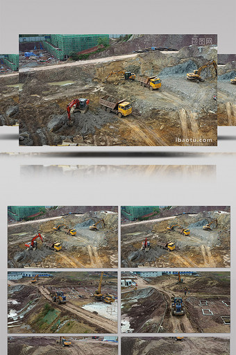航拍建筑工地挖掘机渣土车作业过程图片
